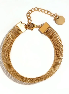 欧美时尚简约小众轻奢项链套装不锈钢镀18k金色手工网带女