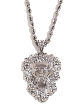 欧美个性嘻哈爆款项坠不锈钢镀18k金满钻狮面吊坠麻花链男士项链