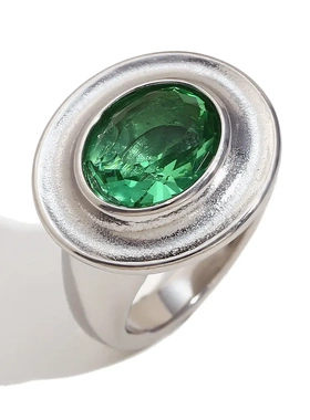 欧美气质复古个性手饰不锈钢镀18k金深槽椭圆戒面绿色锆石戒指女