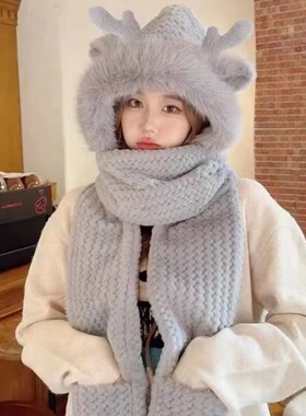 鹿角三件套帽子冬季手套围巾一体可爱百搭保暖加厚三合一毛绒帽子