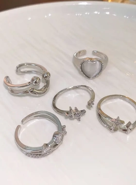 韩国时尚镶钻芒星爱心开口戒指轻奢简约食指戒指环小众时尚手饰女