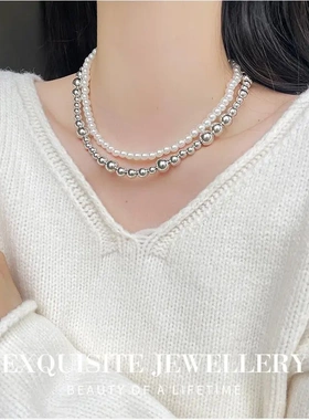 法式复古高级感双层叠戴珍珠项链女ins轻奢气质金属球串珠锁骨链