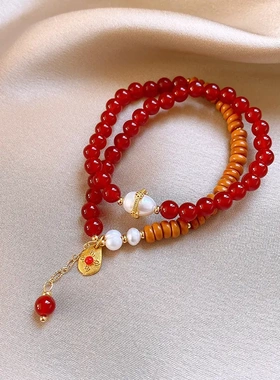 平安扣圆球南红玛瑙叠戴式手链新中式红色手串复古国潮百搭手饰女