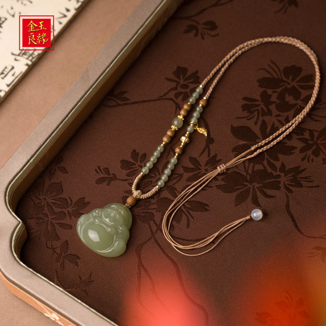 Golden Jade Love Hetian Jade Gold Leaf Jade Buddha Pendant