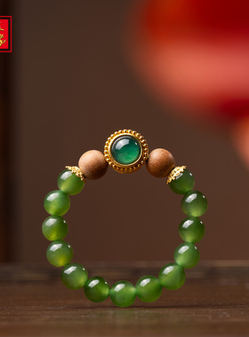 金玉良缘【春时叙】18K金和田玉碧玉老山檀镶翡翠素圈戒指戒圈卡4