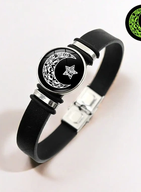 temu热销日月恋人黑色皮革手链男女通用欧美时尚个性手环饰品