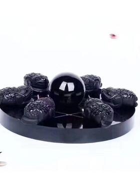 福风寿黑曜石 然金蟾黑曜石七星阵摆件水家居客天厅办公室摆饰