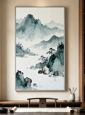 可班手绘油画新中式山水玄关挂画
