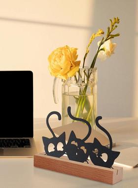 创意卡通桌面摆件现代线条模型简约铁艺猫咪书房工艺品办公台装饰