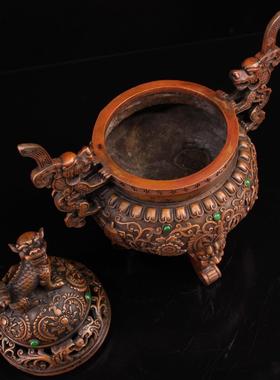 手工打造镶嵌宝石熏香炉 家居办公装饰礼品工艺品 古玩收藏铜香炉
