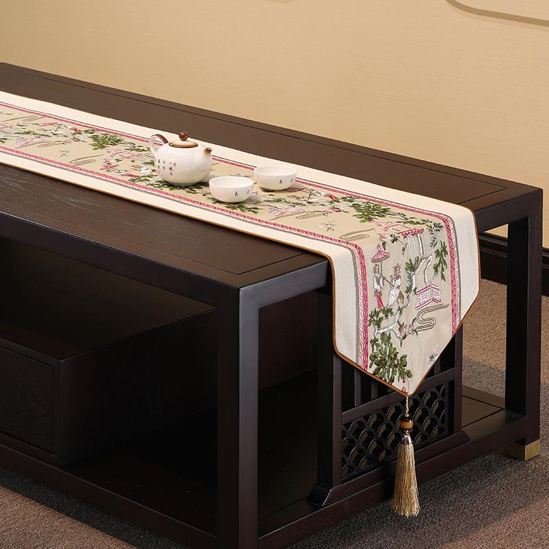 新中式桌旗禅意茶席茶台布艺长条茶几桌布茶桌电视柜垫布红色床旗 - 图2