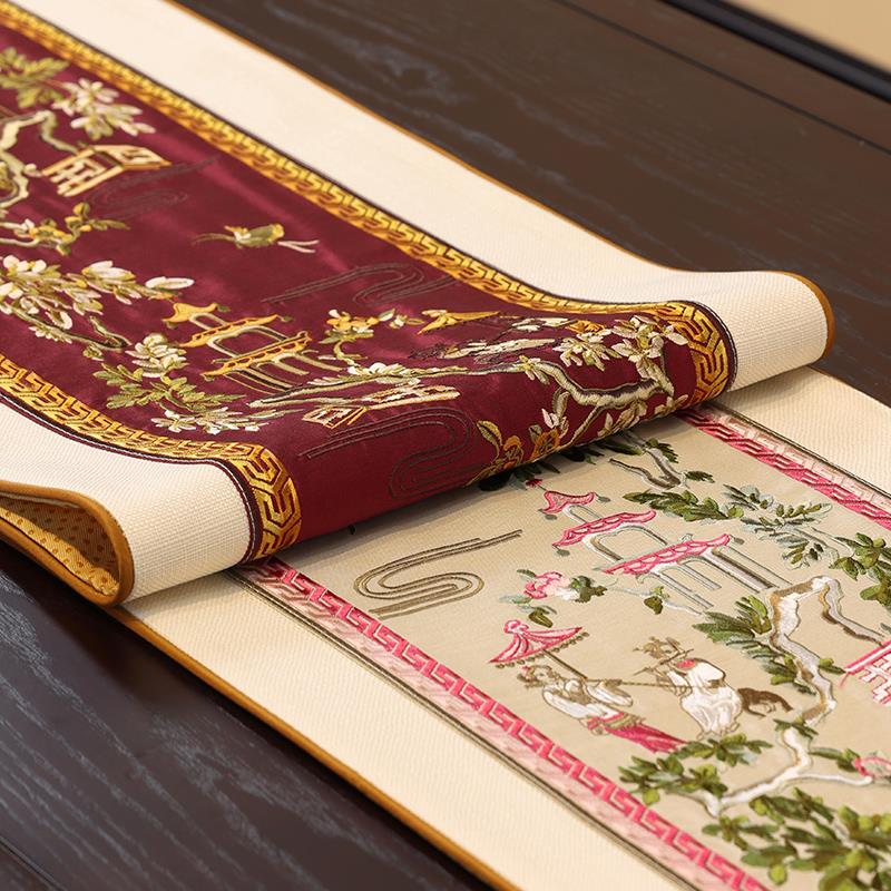 新中式桌旗禅意茶席茶台布艺长条茶几桌布茶桌电视柜垫布红色床旗 - 图3