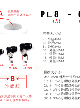 气管接头弯头PL4-M5直角PL6-01螺纹PL8-02pl10-3快速快插气动接头