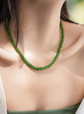 显白绿色玉髓串珠碧玉色s925银新中式项链元宝扣锁骨链夏季新款