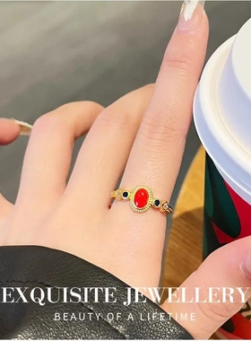 复古国潮中式创意红色小宫雀戒指女精致小众高级感开口可调节指环