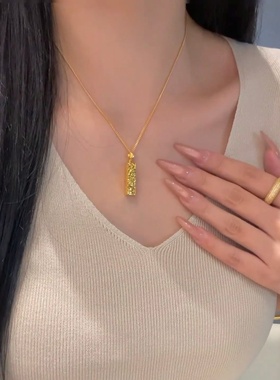卡纯诗仿真金黄金色沙金四方来财碎冰冰吊坠项链女锁骨链财来运转