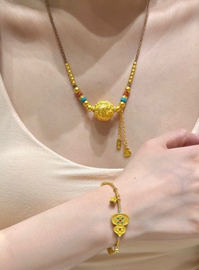 卡纯诗金店同款沙金仿真金玫瑰龙珠圆珠项链女高级感毛衣链送女友