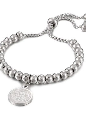 时尚饰品不锈钢简约18k真金串珠圆牌硬币吊坠可调节钛钢手链