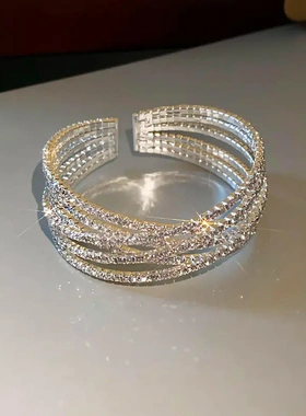 欧美镶钻交叉开口手镯高级感轻奢气质手环重工设计感通勤手饰