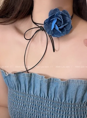 高级感黑玫瑰花朵项链女气质颈链锁骨链小众设计感配饰