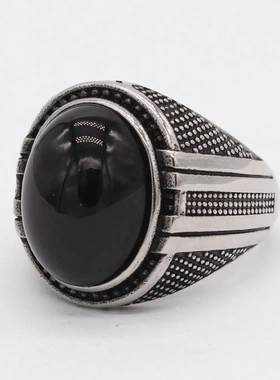 r1537 欧美时尚简约复古椭圆黑宝石男士钛钢戒指