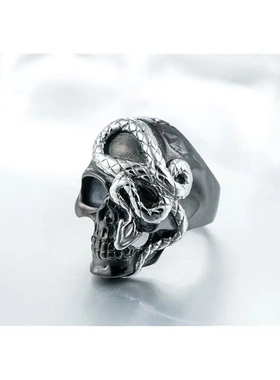r0289-09 欧美朋克黑色系蛇骷髅头男士钛钢戒指 潮男饰品