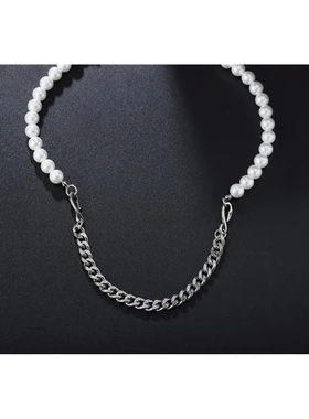 p0671-06 饰品 时尚欧美珍珠链条锁骨链钛钢项链