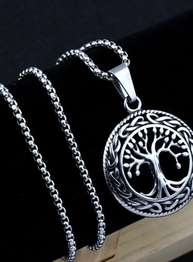 2025热卖爆款促销生命之树珍珠链条项链钛钢复古吊坠饰品直销