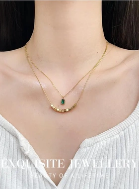 法式轻奢祖母绿方块项链女小众设计高级感双层叠戴气质钛钢锁骨链