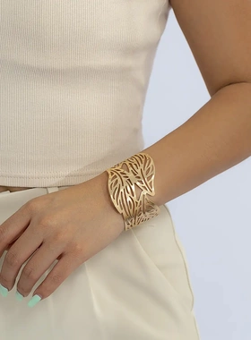 欧美饰品 法式简约设计感开口光面手镯 小众复古镂空树叶手链