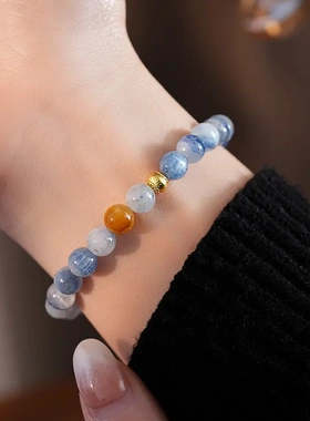 天然蓝晶石圆球灯笼水晶手链高级感手串国潮复古轻奢气质手饰