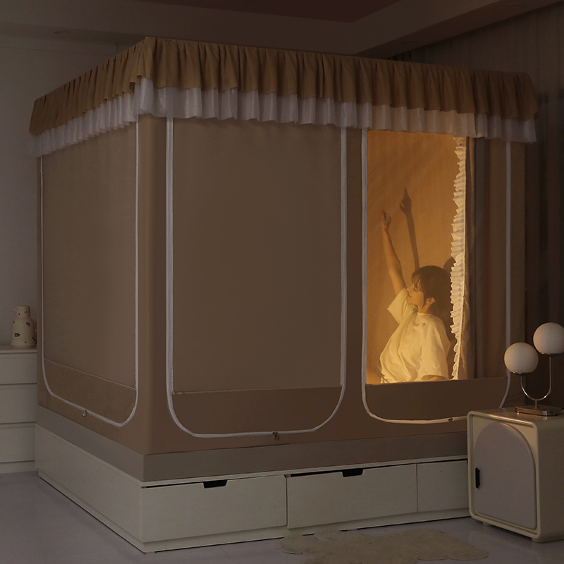 六开门坐床蚊帐三开门遮光宫廷回底方帐家用卧室防蚊加厚烤漆支架 - 图2