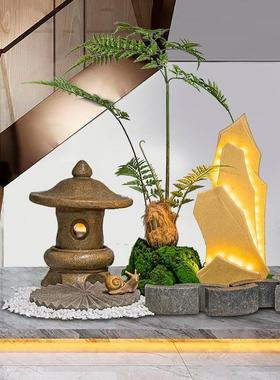 新中式室内景观楼梯下造景绿植玄关店铺橱窗装饰场景布置摆件