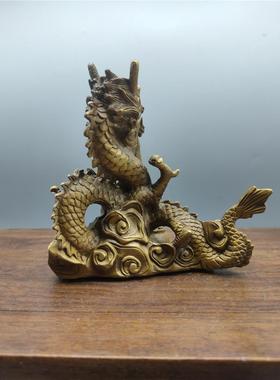 古玩收藏铜器黄铜龙吸珠家居客厅摆件仿古黄铜龙聚宝盆摆设工艺品