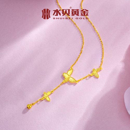 水贝黄金官方旗舰店足金999漫天蝶舞套链三蝴蝶项链送女友礼物 - 图0