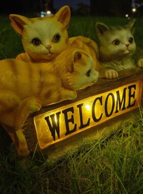 亚马逊户外太阳能夜灯欢迎灯牌卡通猫咪树脂工艺品别墅装饰摆件