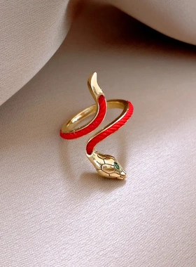 新中式锆石红绳蛇形开口戒指本命年小众食指戒复古轻奢高级感手饰