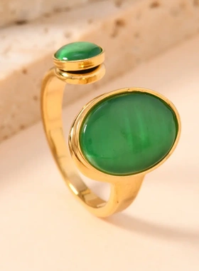 欧美松石戒指女时尚气质椭圆镶宝石开口戒情侣戒指不锈钢饰品