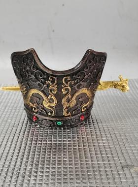 铜器宝石鎏金古代皇帝双龙帝王发冠摆件龙凤发髻老物件