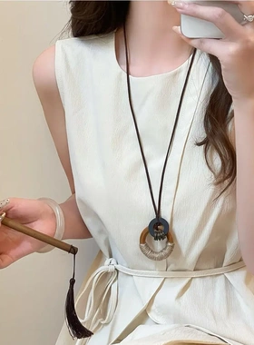 树叶镂空圆形人造木珠款串珠项链长款民族风毛衣链复古高级感项饰