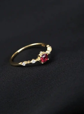 s925银镀14k金酒红石榴石闭合戒指日系轻奢精形指环女