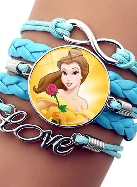 冰雪公主皮革手链卡通动漫白雪公主蓝色多层编织手链手饰品