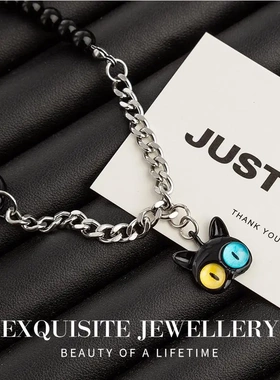 黑色猫咪钛钢拼接项链女轻奢小众高级设计感锁骨链个性百搭卫衣链