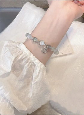 白石手串复古天然灰月光石福牌手链女森系in仙气小众设计