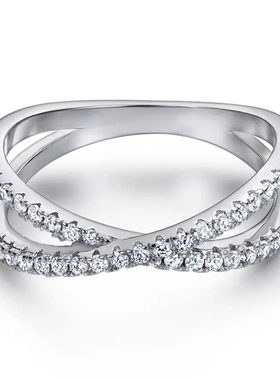 首饰欧美时尚x字母十字交叉排戒s925纯银戒指女微镶锆石