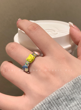 彩色滴釉维尼熊戒指女小众设计高级感指环2024新款可爱开口食指戒