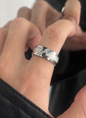 镶钻银丝雾凇钛钢戒指男潮女小众设计感尾戒轻奢高级情侣男士指环