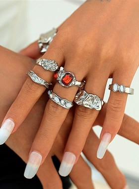 7件套镶钻不规则戒指套装 欧美秋时尚个性小众设计感网红指环组合