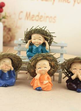 爆品草帽小和尚可爱小沙弥汽车车载装饰品公仔树脂工艺品家居摆设