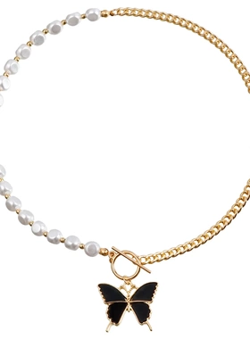 饰品 气质仿珍珠串珠拼接铝链项饰 白色仿贝母项链女